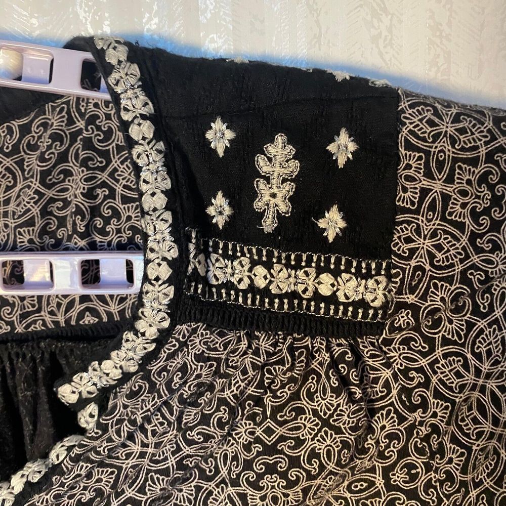 Lucky Brand Shirt Women's Size 1X Black White Boho Print 3/4 Sleeve V Neck - Picture 6 of 16